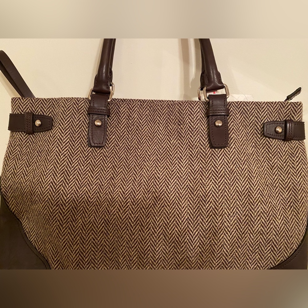 Tumi wool & leather spacious brown bag with a lot of compartments & pockets NWT - Picture 3 of 16